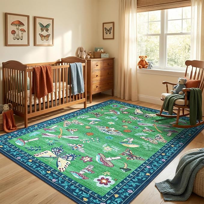 ROYHOME Mushroom Insect 8x10 Area Rugs for Living Room Bedroom Blue Green | Large Dinning Room Washable Bug Moth Cute Funky Cottage Core Whimsical Boy Carpet Low-Pile Non-Slip TPE Backing