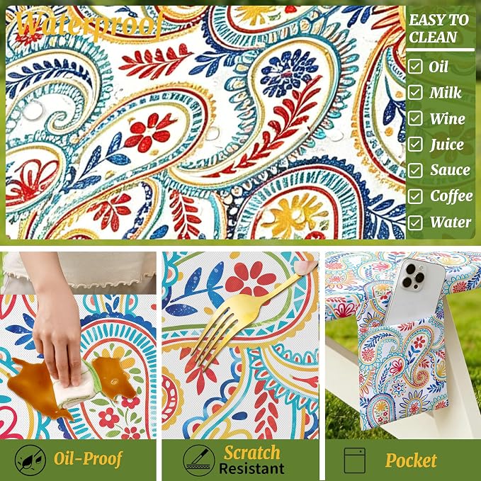 Picnic Table Cover with Bench Covers Elastic,Fitted Table Cloths for Rectangle Tables 6 Foot Washable,Waterproof Tablecloth for Outdoor Camping Essentials Accessories(6 Foot,Paisley