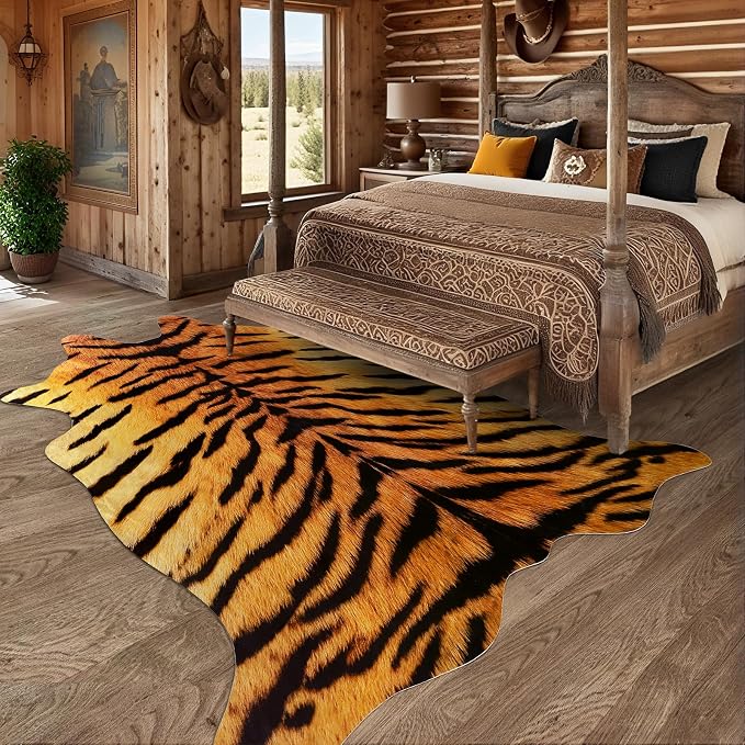 AROGAN Premium Tiger Print Rug, Faux Animal Hide Rugs, Non-Slip 4.6x5.2 Ft | Machine Washable Animal Print Hide Leopard Skin Area Rug for Bedroom Living Room Home Decor Pet Friendly