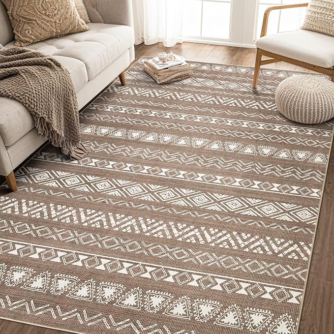kakania Washable 8x10 Area Rug for Living Room: Boho Geometry Home Decor | Soft Stain Resistant, Low-Pile, Non-Slip, Pet & Kid Friendly, Thin Rug for Bedroom/Dining Room/Kids Dorm - Dark Brown
