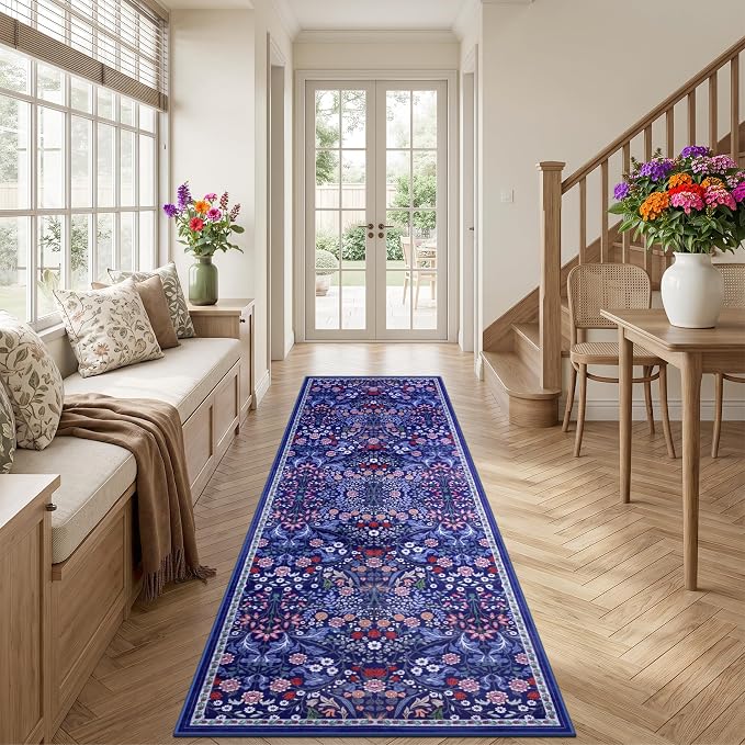 PLHXFR 2.6x10 Washable Runner Rug：Floral Indoor Kitchen Soft Carpet Blue | For Hallway Bedroom Kitchen Laundry Bathroom Dorm,Vintage Floral,Machine washable,Non Slip,Stain Resistant,Indoor Floor