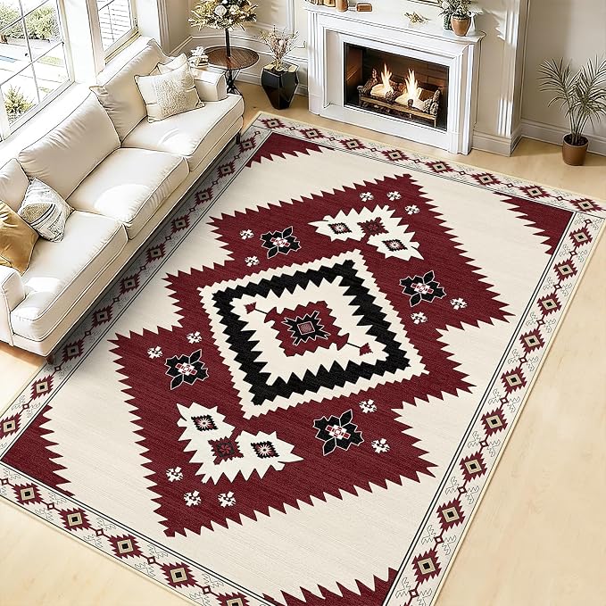 5x7 Area Rug Western Rugs for Living Room Southwest Aztec Rug | Washable Southwestern Navaj Tribal Rugs Low Pile Non-Slip Floor Carpet for Dining Room Bedroom Kitchen Office, Beige Red