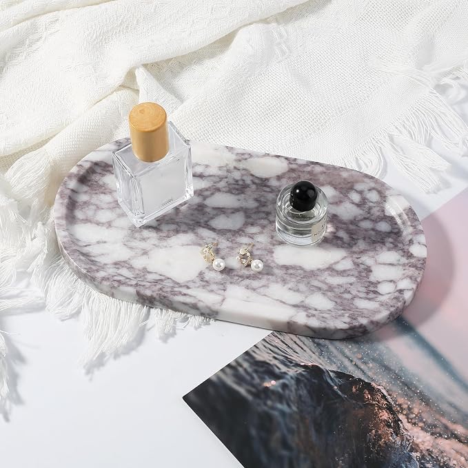 Koville Real Luxurious Natural Marble Vanity Tray, 10"x5" Calacatta Viola Marble Catchall Tray for Bathroom, Stone Perfume Trays Jewelry Dish for Dresser, Genuine Stone Storage Tray for Home Decor
