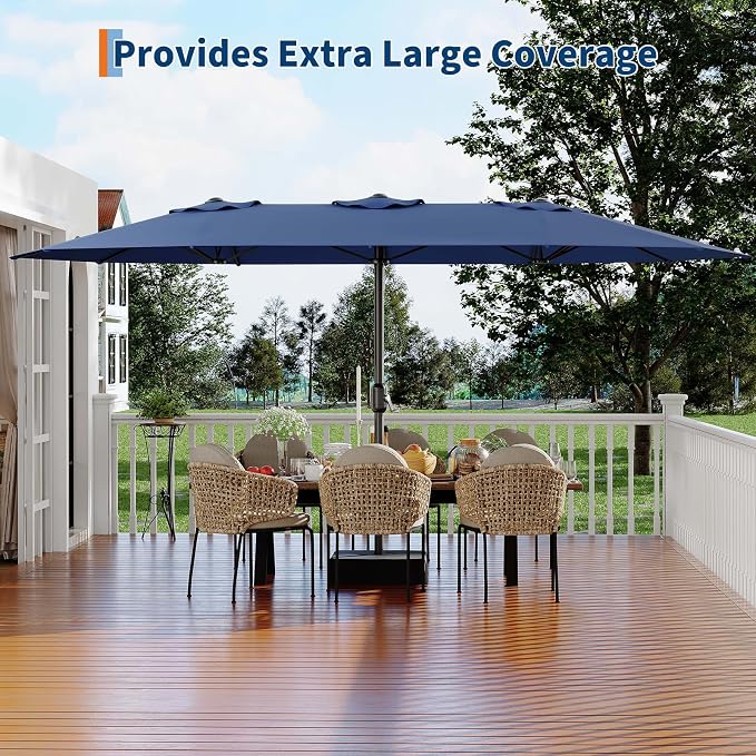 Garvee 15 ft Rectangular Patio Umbrella with Base Included - Large Patio Umbrella with Crank Handle, UV Protection for Outdoor Market, Backyard, Pool - Navy Blue