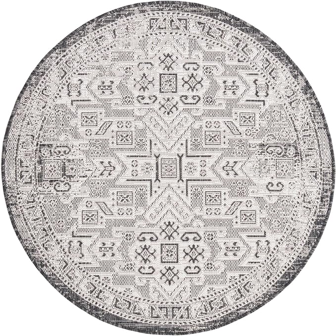 Unique Loom Outdoor Aztec Collection Area Rug - Coba (4' 1" Round, Charcoal Gray/ Ivory)