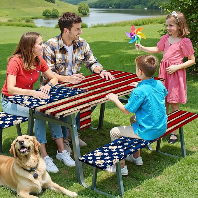 Picnic Table Cover with Bench Covers Elastic,Fitted Table cloths for Rectangle Tables 6 Foot Washable,Waterproof Tablecloth for Outdoor Camping Essentials Accessories(6 Foot,American Baseball)