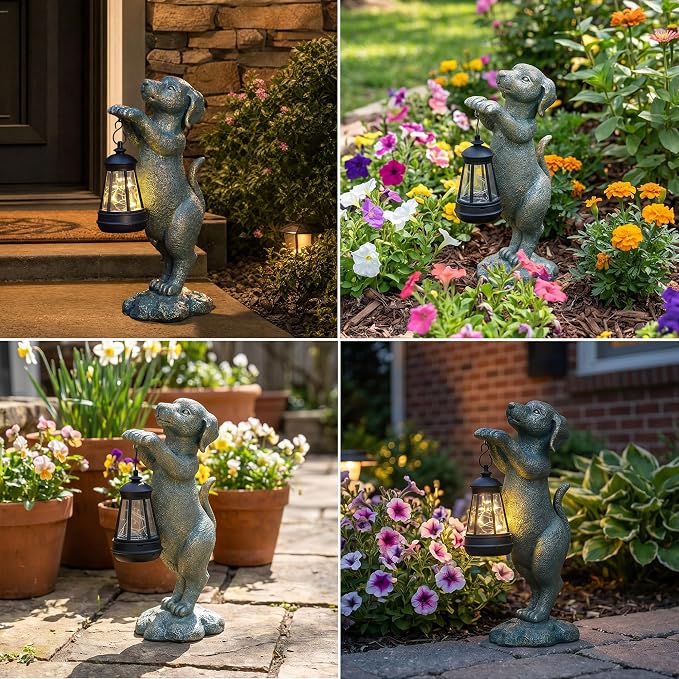 Solar Dog Garden Statue - Puppy Holding Lantern Outdoor Decor, Waterproof Resin Yard Art Figurine with Warm LED Light for Lawn, Patio, Porch & Pathway, Perfect Housewarming Gift for Dog Lovers