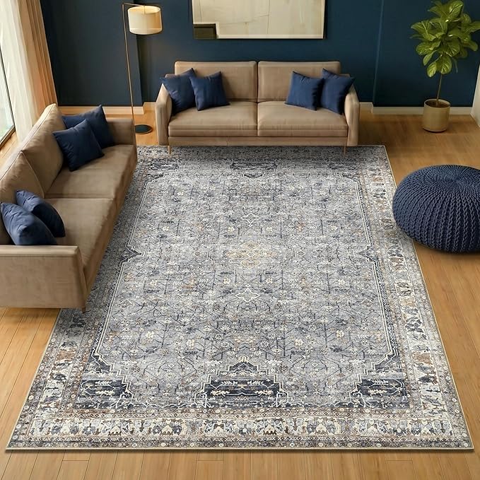 Keen Home Design Vintage Washable Area Rug, Non-Slip Low Pile, 9x12 | Machine Washable Cotton Chenille, 0.25In Low Pile, Rubber Non-Slip Back; Living Room, Bedroom, Dining Room