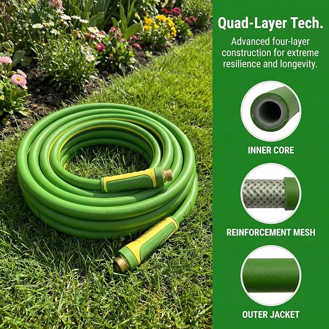 PremiumPro 25FT 5/8" Heavy Duty Reinforced Garden Hose, Large Flow,600 PSI Burst Pressure, Four Layer Hybrid Polymer Anti Kink with 360 Swivel Brass Connectors and handle for yard,washing & irrigation
