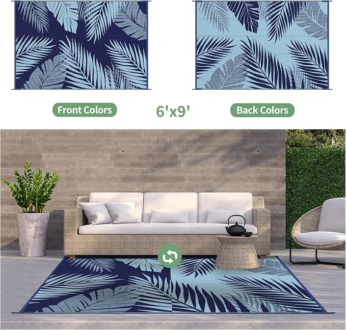 GENIMO Outdoor Rug 6' x 9' Waterproof for Patios Clearance, Reversible Outdoor Plastic Straw Camping Rug Carpet, Large Area Rugs Mats for RV, Camper, Deck, Balcony, Porch, Beach, Navy Blue&Pale Blue