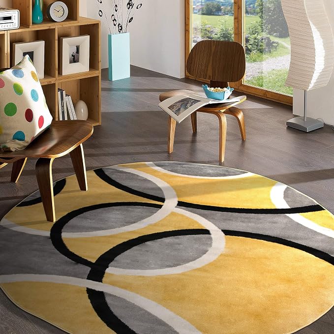 Rugshop Abstract Circles Contemporary Jute Backing Round Rug Yellow 6'6" | Round, Size 6'6", Living Room, Bedroom, Dining Room, Home Office, Kitchen, Entryway, Hallway, Nursery, Kids Room, Guest Room