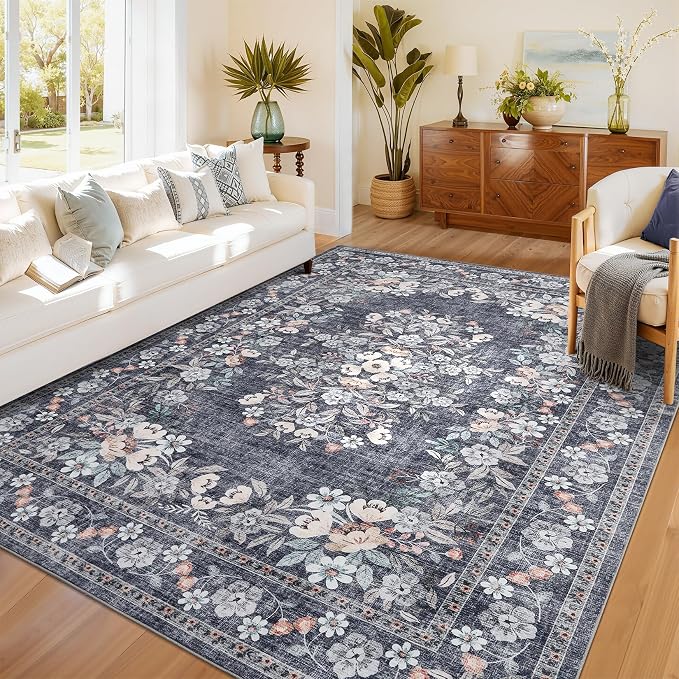 GarveeHome 6x9 Area Rug for Living Room Botanical Bordered Blue Floor Cover | Vintage Distressed Leaf and Flower Bedroom Rugs Low Pile Machine Washable Non-Slip Floral Area Rug for Dining Home Office