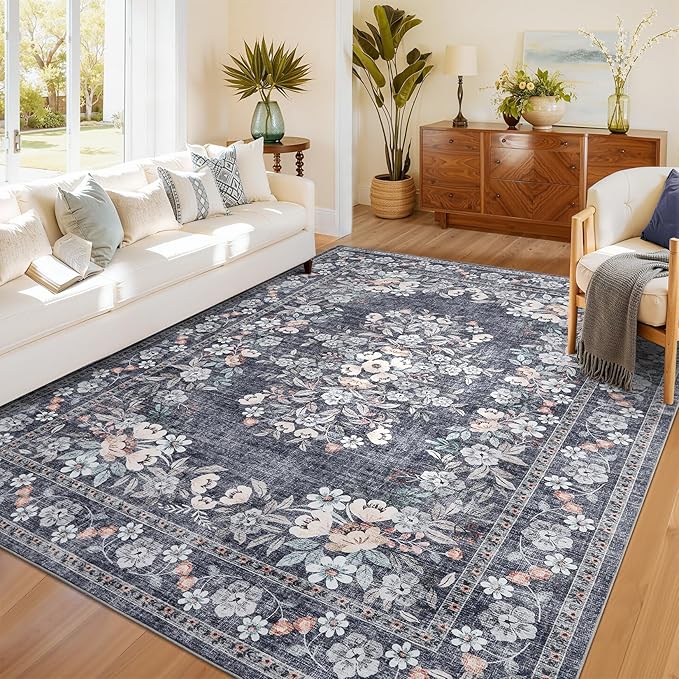 GarveeHome 5x7 Vintage Area Rug for Dining Botanical Boho Accent Carpets | Machine Washable Flower Bordered Floor Cover Mats Non-Slip Low Pile Vintage Floral Rugs for Living Room Bedroom Blue