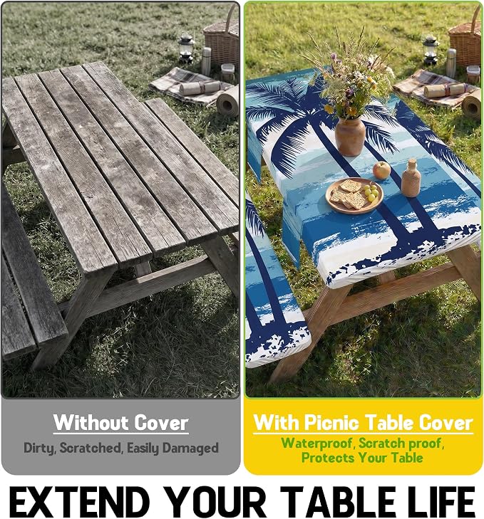 Picnic Table Cover with Bench Covers Waterproof Fitted Table Cloth Tablecover Camp Camper Camping Essentials Outdoor Summer Beach River Water Motorhome Trailer Road Trip Tent Rv Car Travel Activities