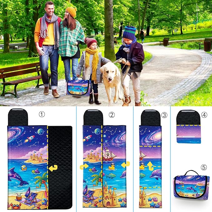 Poedist Extra Large Picnic Blanket Waterproof,80"x 80"Foldable Machine Washable Beach Blanket,Outdoor Blanket for 6-8 Adults, for Indoor Crawling,Park Beach,Camping,Hiking,Family Travel(Starry)