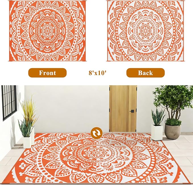 Bsmathom Waterproof Outdoor Rug 8'x10' Reversible Boho Plastic Straw Patio Deck Camping Rugs, Indoor Outdoor Portable RV Mat Clearance Carpet for Outside, Porch, Balcony, Backyard, Beach, Pool,Orange
