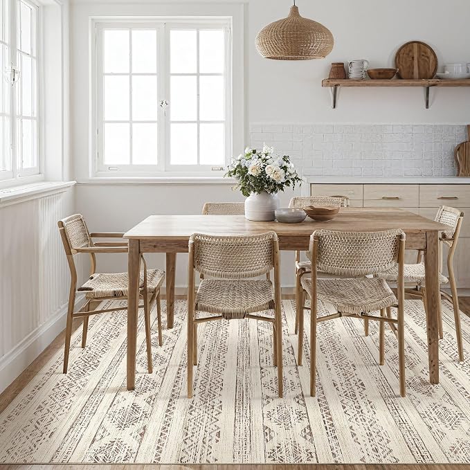 Tortania Area Rug Living Room Rugs - 10x12 Washable Large Soft Neutral Boho Moroccan Bohemian Farmhouse Rug Indoor Floor Carpet for Bedroom Under Dining Table Home Office Decor - Brown