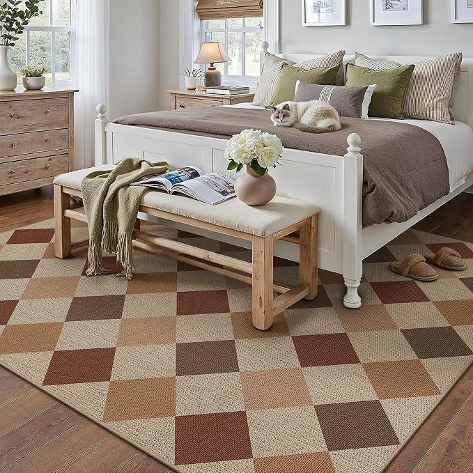 PureCozy 6x9 Checkered Easy Jute Area Rug for Living Room Large Checkerboard Washable Indoor Outdoor Carpet Farmhouse Patio Office Mat Geometric Non Slip Brown-Beige Carpet for Backyard Dining Room