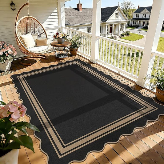 5x7 Scalloped Rug Easy Jute Washable Outdoor Patio Rug for Living Room Indoor Outdoor Black Geometric Neutral Carpet for Backyard Patio Dining Room
