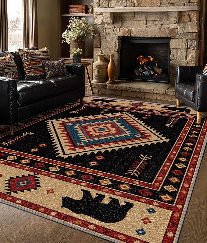 Southwest Rug 4x5 - Native American Bear Cabin Area Rugs for Bedroom Living Room, Rustic Western Machine Washable | Non-Slip | Soft Carpets, Western Room Decor (Red Tan Black)