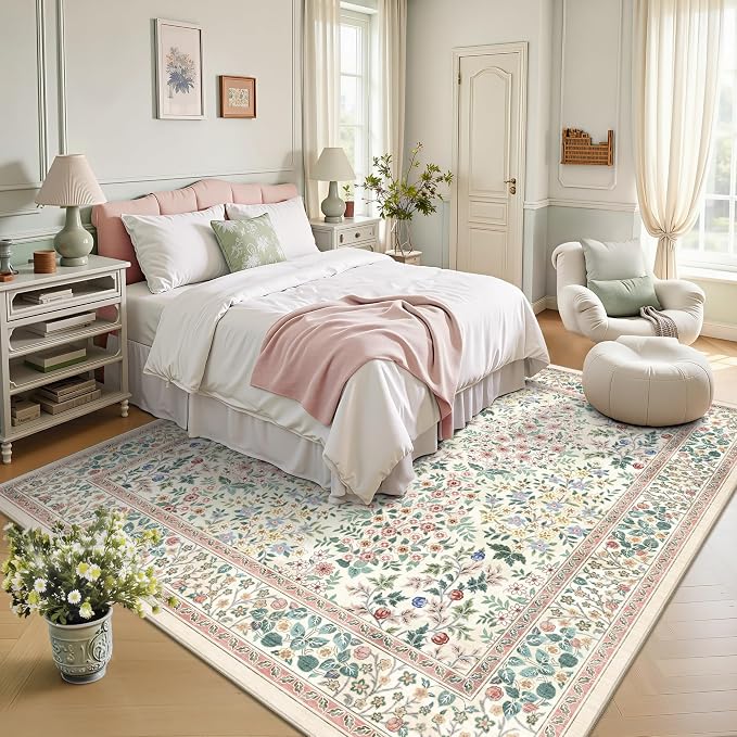 6x6 Square Area Rugs, Machine Washable Low Pile Floral Rugs for Living Room, Bedroom, Large Boho Area Rug with Non-Slip Backing for Dining Room(Pink Floral)