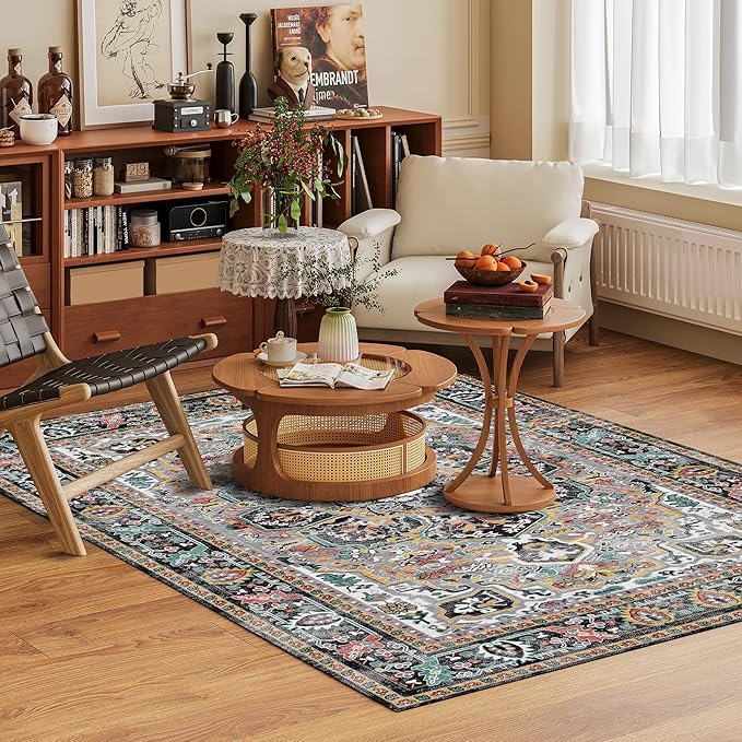 Washable Area Rug 3' x 5 ' Vintage Traditional Persian Mat - Foldable Distressed Non-Slip Machine Washable Carpet for Living Room Bedroom Kitchen Home Decor - Slate and Multicolor