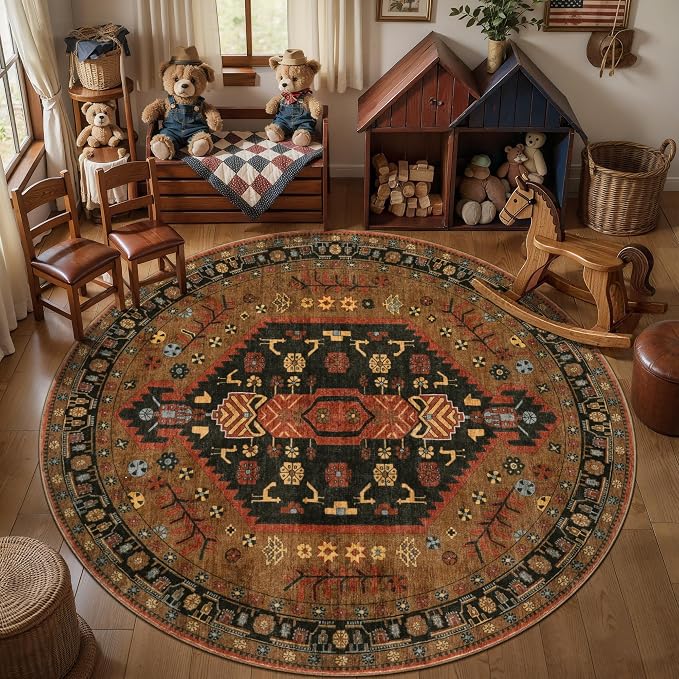 Ciicool 6ft Round Area Rug for Bedroom,Washable Large Circle for Kitchen | Vintage Non-Slip Low-Pile Oriental Indoor Mat Soft Boho Entry Carpet for Entryway Bedside Living Room Bathroom Dining Room