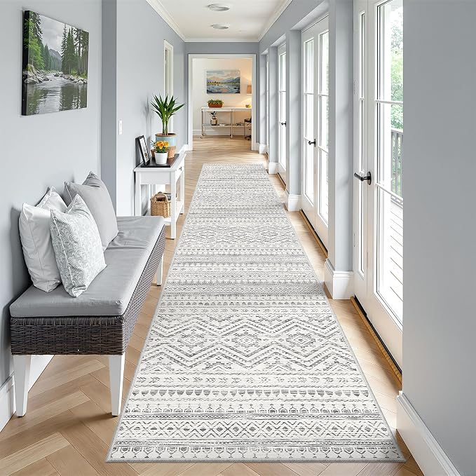 Miukiki 2x12 Runner Rug for Living Room Washable Non Slip Hallway Rug Grey | Soft Low Pile Machine Washable Long Floor Runner rugs for Kitchen Entryway Laundry Room, Foldable Indoor Carpet 2'x12'