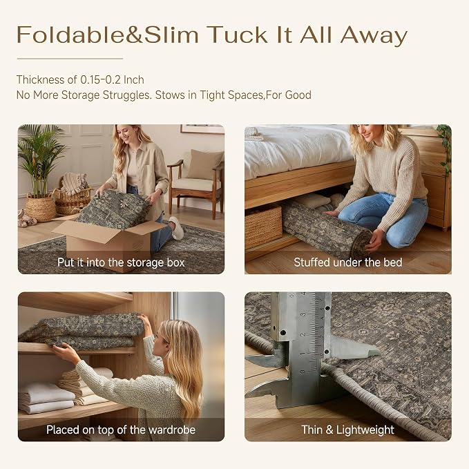 4x4 Dark Brown Vintage Round Rug | Washable, Non Slip, Soft Low Pile, Traditional Farmhouse, for Dining Room Entryway Living Room Bedroom Indoor