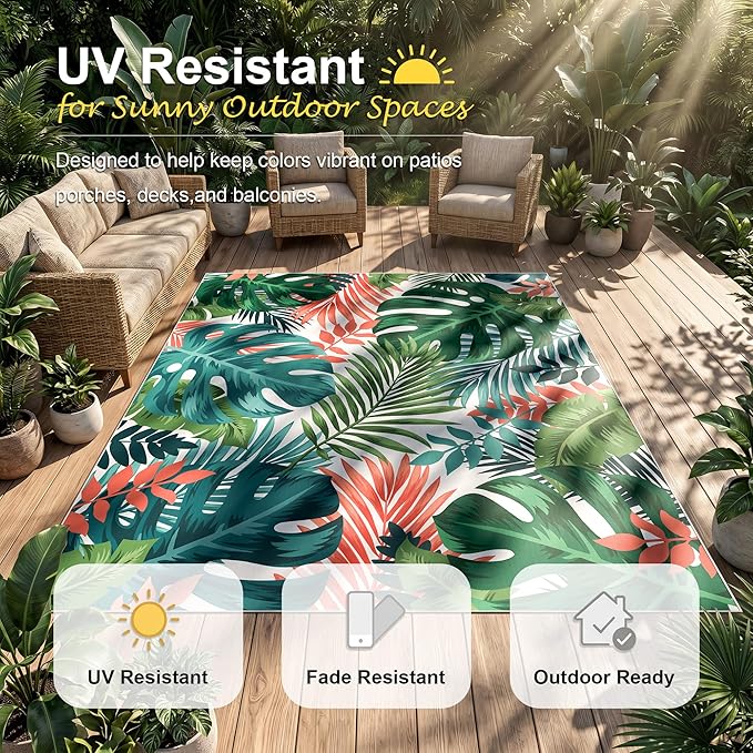 Arenarug 9x12 Monstera Tropical Outdoor Rug – Waterproof Non-Slip Machine Washable Patio Rug, UV & Stain Resistant Outdoor Carpet for Patio Deck Balcony Backyard, Teal