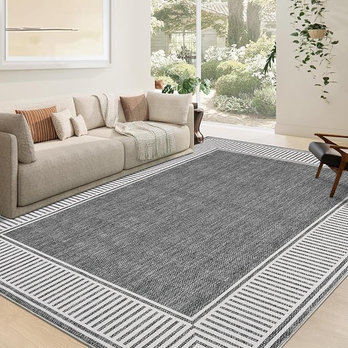 GarveeHome 9x12 Area Rug for Living Room Large Washable Bedroom Rug | Low Pile Stain Resistant Dining Room Area Rug with Rubber Backing Modern Bordered Throw Carpet for Home Decor Office, Grey