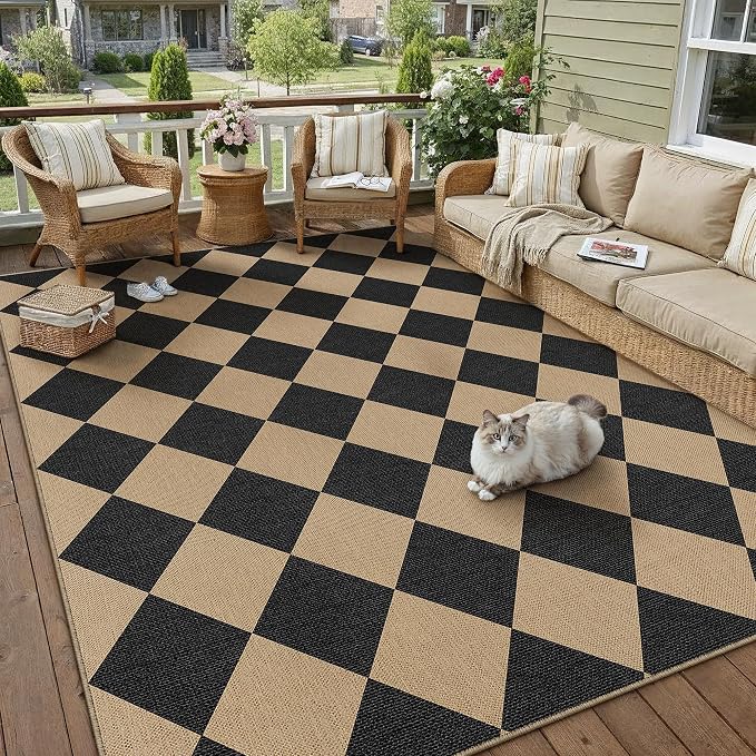PureCozy 6x9 Checkered Easy Jute Area Rug for Living Room Large Checkerboard Washable Indoor Outdoor Carpet Farmhouse Patio Office Mat Geometric Non Slip Black Carpet for Backyard Dining Room