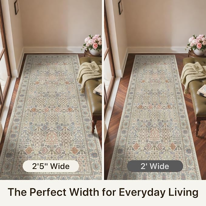 2.5x6 Kitchen Runner Rug, Washable Non Slip, Earth Yellow | Vintage Floral Design, Spill Resistant Lightweight Low Pile Carpet for Hallway, Bedroom, Laundry Room, Bathroom