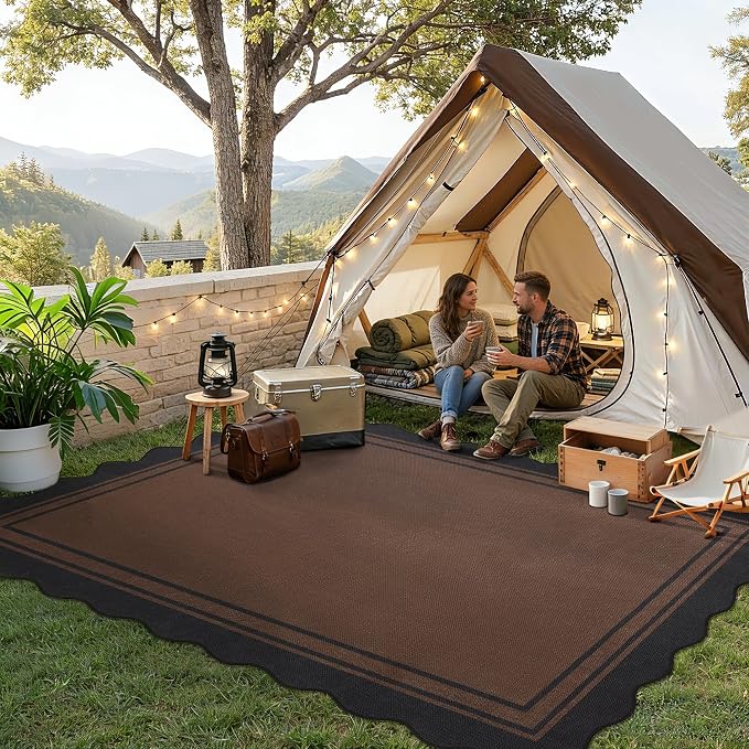 5x7 Scalloped Rug Easy Jute Washable Outdoor Patio Rug for Living Room Indoor Outdoor Black Brown Geometric Neutral Carpet for Backyard Patio Dining Room