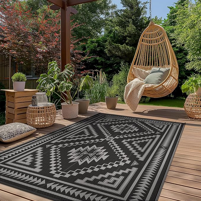 GENIMO Outdoor Rug for Patio Clearance - 5x8 ft Waterproof Plastic Camping Rugs, Reversible Outside Rv Mat Carpet for Porch, Deck, Picnic, Balcony, Beach, Backyard, Black Grey