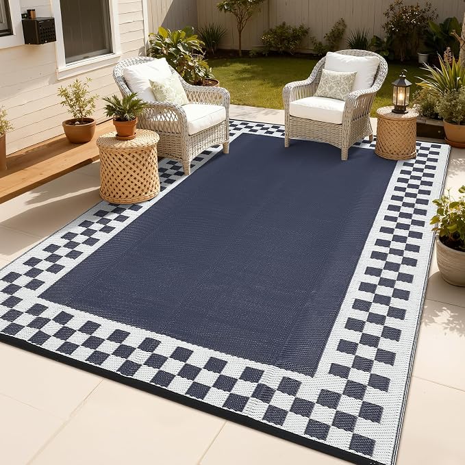 Waterproof Plastic Straw Outdoor Rug 9x18 Patio Reversible UV Resistant Foldable Camping Carpet Modern Geometric Border Large Outdoor Rugs for Deck, Porch, Camper, Balcony, Beach，Blue
