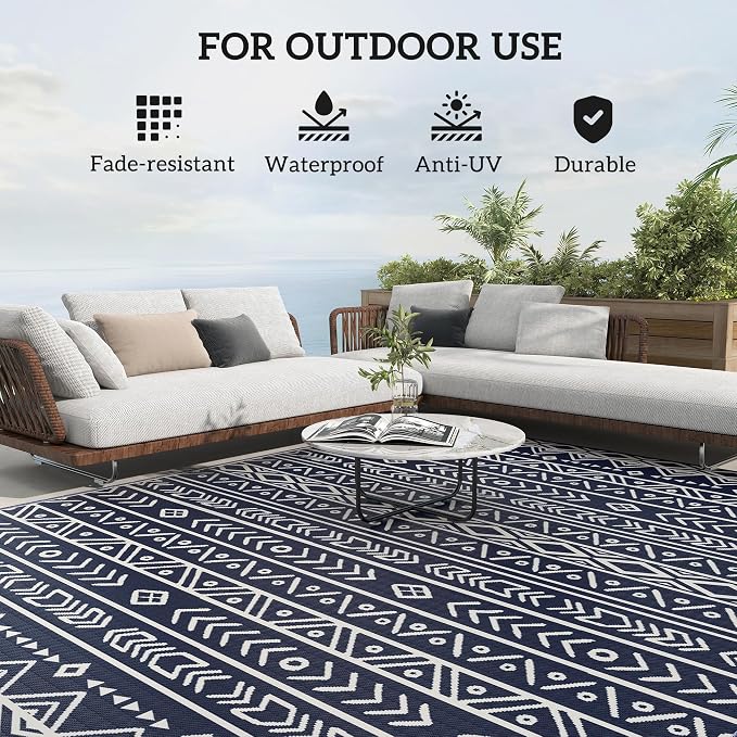 Outsunny Outdoor Rug for Patio, 8' x 10' Waterproof Large Mat, Reversible Plastic Straw Rug for Decor, Portable Outside RV Camping Area Carpet Mat for Backyard Porch Deck Picnic, Blue White Geometric