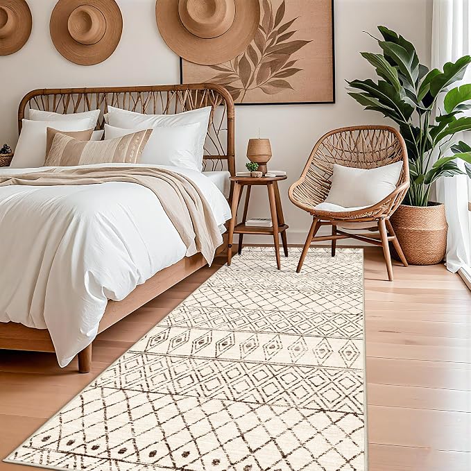 4x8 Geometric Beige Hallway Runner Rug: Moroccan Machine Washable Runner | Non Slip Low Pile Soft Pets Friendly Rugs - Indoor Carpet for Kitchen Bedroom Entryway Laundry