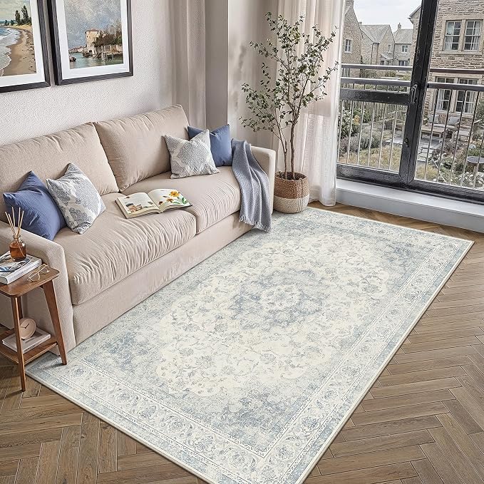 3x5 Blue Washable Area Rug Non Slip Vintage Carpet | Low Pile, Stain Resistant, Living Room, Kitchen, Bedroom, Entryway, Nursery, Laundry Room, Hallway, Soft, Thin, Lightweight