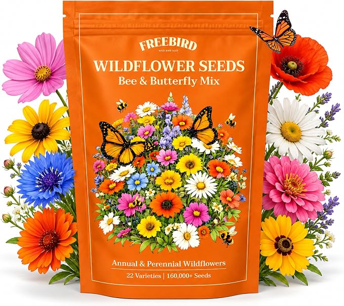 Wildflower Seeds for Bees & Butterflies – 22 Variety Pollinator Mix – 160,000+ Seeds – Annual & Perennial Wildflower Blend – 4 oz