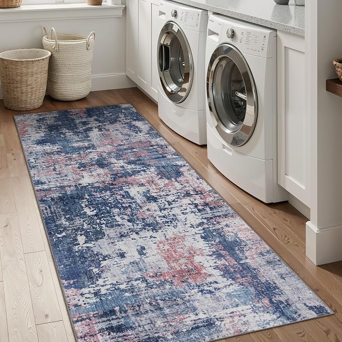Sasttie 2x8 Runner Rug, Modern Abstract Hallway Carpet, Pink & Blue | Machine Washable, Ultra-Soft Faux Wool, Low Pile, Non-Slip, Thin, for Entrance, Entryway, Kitchen & Laundry Room