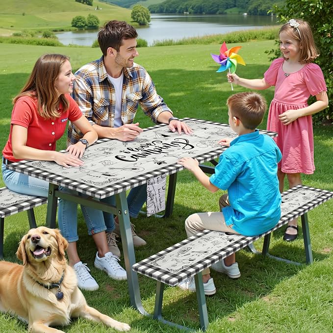 Picnic Table Cover with Bench Covers Elastic,Fitted Table Cloths for Rectangle Tables 6 Foot Washable,Waterproof Tablecloth for Outdoor Camping Essentials Accessories(6 Foot,Checked)