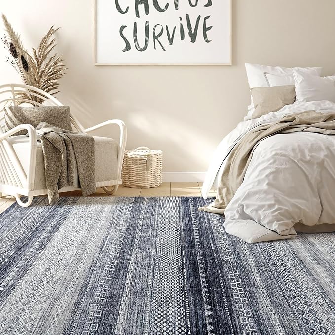 Nakagishi Boho 10x12 Area Rug Living Room Rugs Machine Washable Blue | Soft, Pet & Kid Friendly, Carpet for Living Room/Bedroom/Office/Kitchen/Nursery, Daily Home Decor Stain Resistant Moroccan