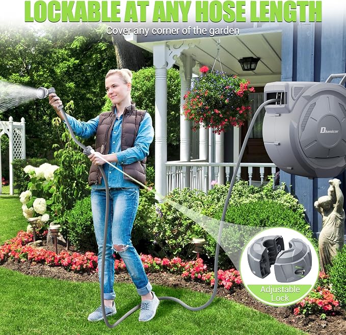 1/2" x 160 ft Retractable Hose Reel, Heavy Duty Retractable Garden Hose Reel Wall Mounted with 10-Pattern Hose Nozzle/Any Length Lock/Slow Return System/180°Swivel Bracket