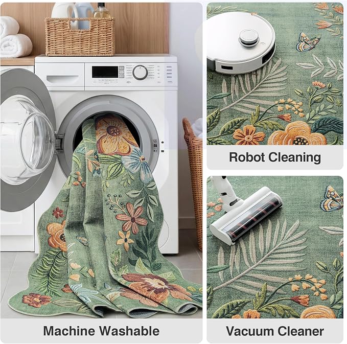 FMFUNCTEX 2x6 Hallway Runner Rug Washable Sage Green Floral Scalloped Boho | Vintage Non Slip Flower Colorful Traditional Low Pile Cottage Indoor Carpet Entryway Rugs Kitchen Bedroom Laundry Bedside