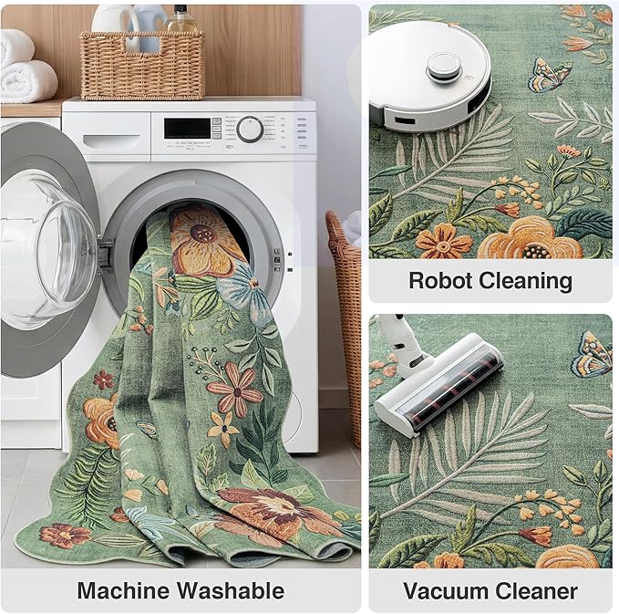 FMFUNCTEX 2x8 Hallway Runner Rug Washable Sage Green Floral Scalloped Boho | Vintage Non Slip Flower Colorful Traditional Low Pile Neutral Indoor Carpet Entryway Rugs Kitchen Bedroom Laundry Bedside