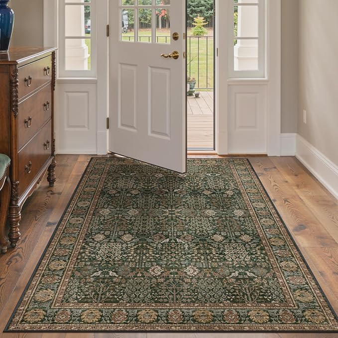 4x6 Washable Area Rug for Living Room, Dark Green Brown | Vintage Distressed Floral, Spill Resistant, Lightweight Low Pile Non-Shedding Carpet for Bedroom, Dining Room and Office
