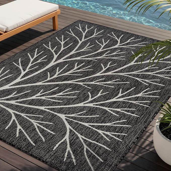 Washable Indoor Outdoor Rug 9x12 Modern Area Rugs Branch Pattern Non Shedding Waterproof Easy Clean Patio Deck Porch Living Room Bedroom Garden RV (9 X 12 Dark Gray)