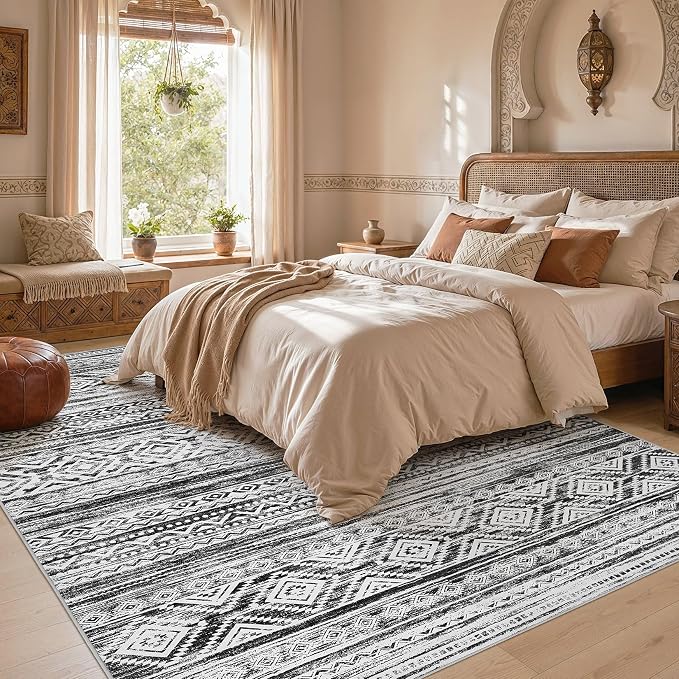 cotiled Boho 7x9 Area Rug for Living Room: Large Moroccan Washable Rug | Solve Modern Neutral Trendy Home Decor - Stain Resistan Indoor Carpet for Bedroom Farmhouse Dining Room White Black