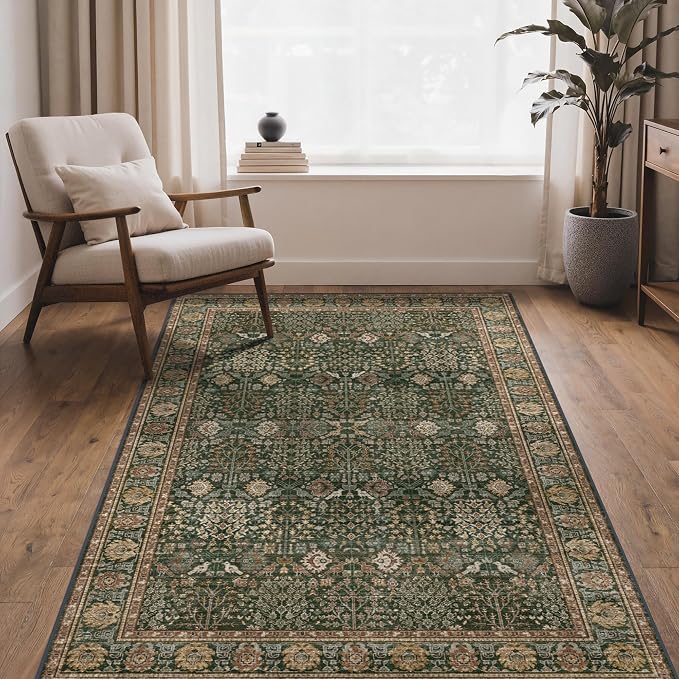 4x6 Washable Area Rug for Living Room, Dark Green Brown | Vintage Distressed Floral, Spill Resistant, Lightweight Low Pile Non-Shedding Carpet for Bedroom, Dining Room and Office